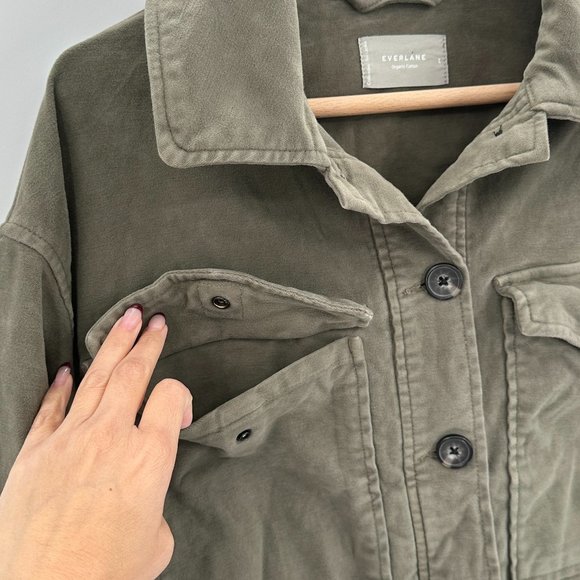 Everlane The Moleskin Utility Olive Green Distressed Cropped Jacket - Picture 8 of 9